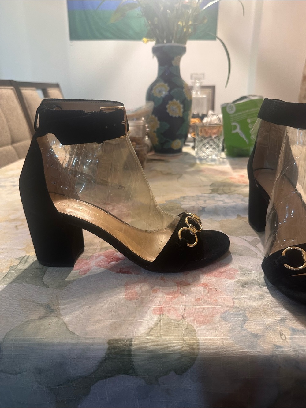 Talbots Black Suede Ankle-Strap Heels with Gold Chain Detail